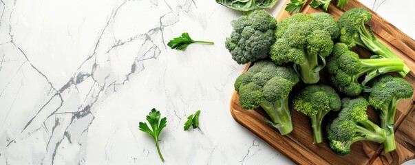 A bunch of broccoli is on a wooden cutting board. The broccoli is fresh and green, and it is arranged in a way that makes it look appetizing. Free copy space for text.