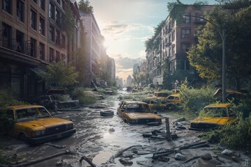 Obraz premium A photo of a post-apocalyptic cityscape with water, trees and debris on the streets. This illustrates the concept of environmental catastrophe, floods, climate emergency, and global warming.