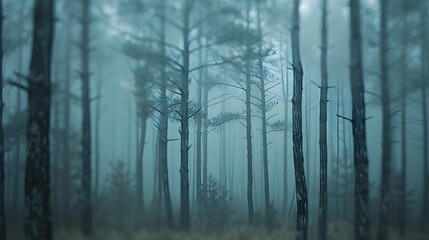 Obraz premium Moody and Atmospheric Foggy Forest Landscape with Tall Trees and Ample Copy Space