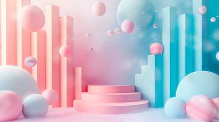 A pastel-colored geometric scene with 3D shapes like spheres and steps, creating a soft and whimsical visual effect.