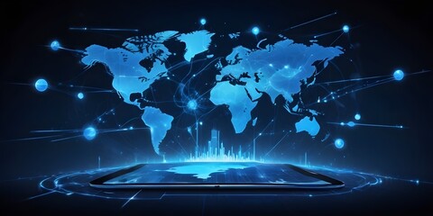 An isolated futuristic digital map of the world background with glowing blue continents surrounded by glowing spheres representing global connectivity 
