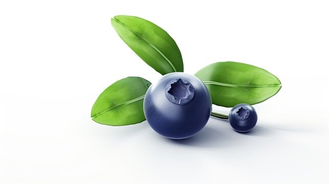A photo of a handful of blueberries. The blueberries are dark blue and plump, with a few green leaves attached.