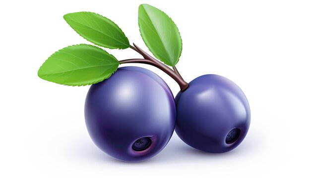 A photo of two blueberries on a branch with green leaves. The blueberries are dark blue and plump, and the leaves are a rich green.