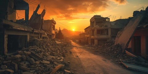 A photo of a post-apocalyptic cityscape with water, trees and debris on the streets.  This illustrates the concept of environmental catastrophe, floods, climate emergency, and global warming.