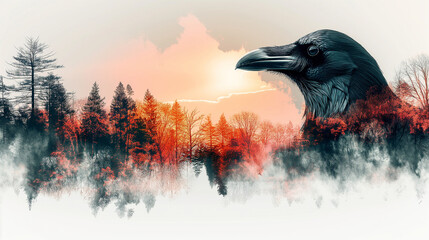 A photograph of a Raven isolated on a white background in a double exposure style collage style with a beautiful dawn or sunset scene inside the Raven, beautiful, soft, ethereal, muted pastel red, blu