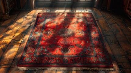 Vintage oriental rug in sunlight on wooden floor, antique decor concept