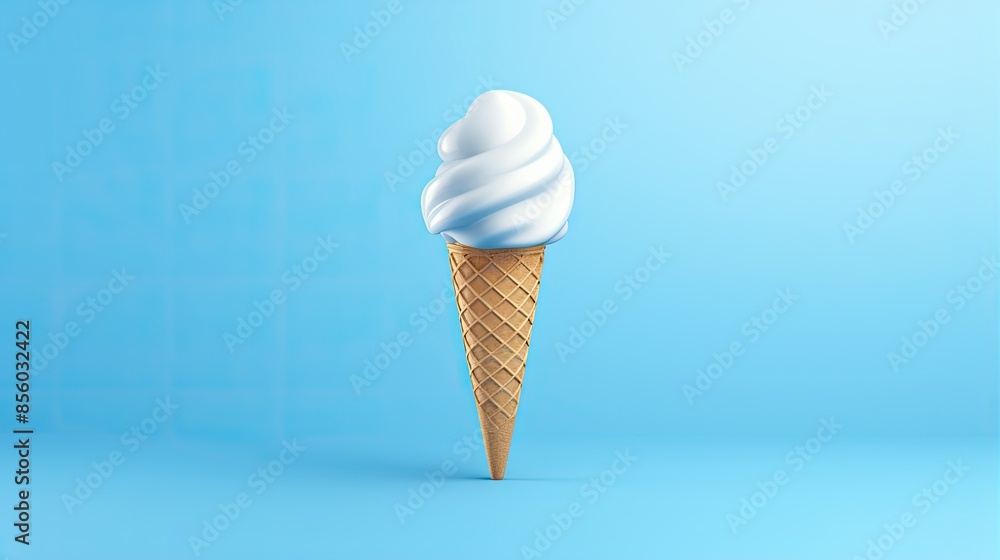 Poster 3d rendering of a single vanilla ice cream cone isolated on a blue background. the ice cream is whit