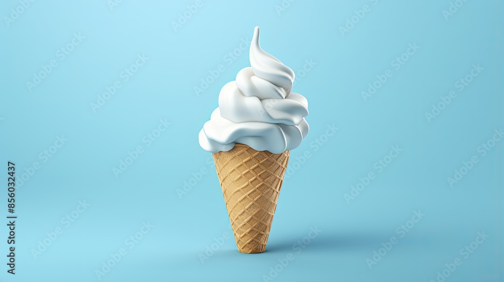 Poster 3d rendering of a single vanilla ice cream cone with a soft serve swirl on a blue background.