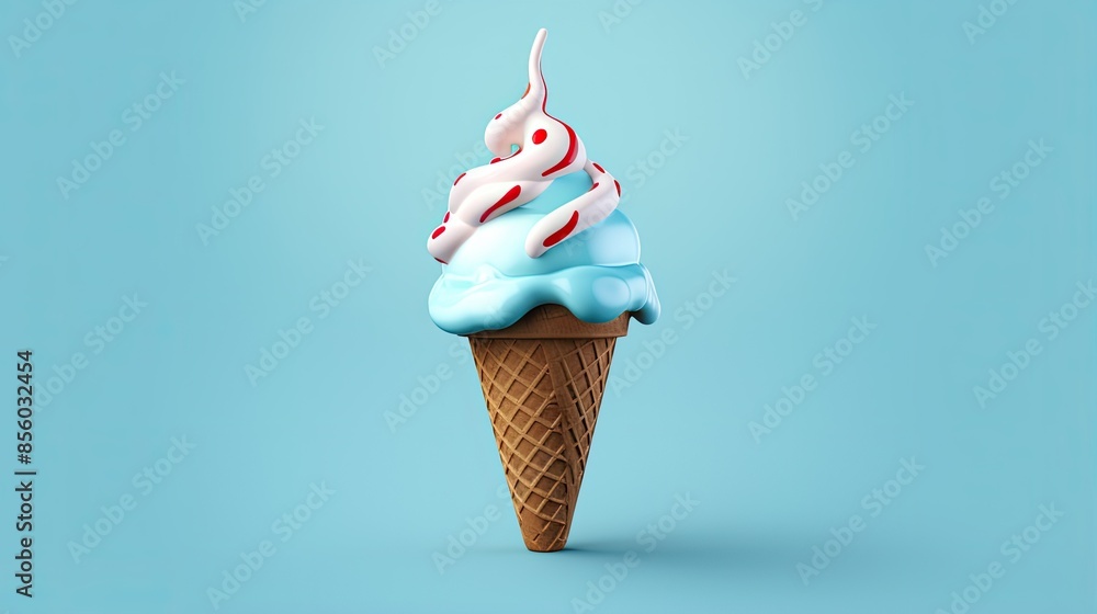 Aufkleber 3d rendering of a single blue ice cream cone with a white and red swirl on top. the cone is set agai