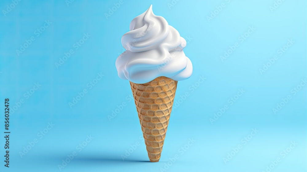Poster 3d rendering of a vanilla soft serve ice cream cone on a blue background.