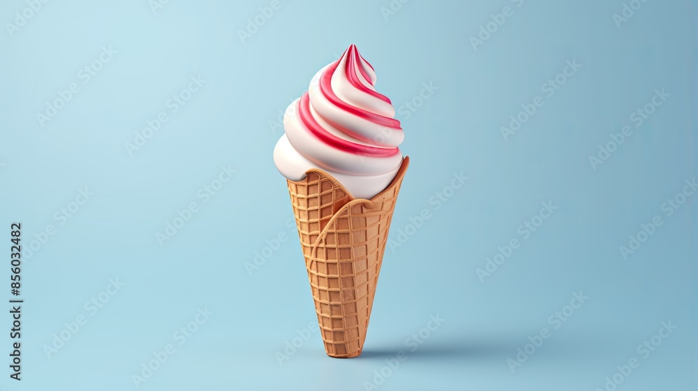 Poster 3d rendering of a single ice cream cone with strawberry swirl on blue background.