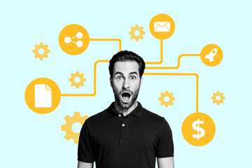 Trend artwork composite sketch image collage of innovation internet technology confused man open webpage project map multitasking task usd