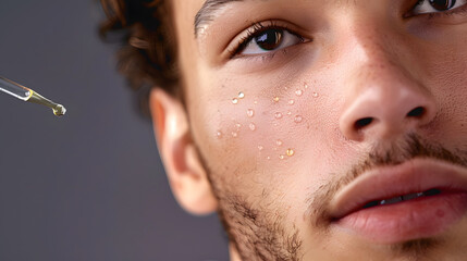 Obraz premium Beauty, portrait and serum with man in studio for antiaging dermatology, skincare or wellness. Aesthetic, face or natural oil and model with dropper to apply collagen or hyaluronic acid to skin
