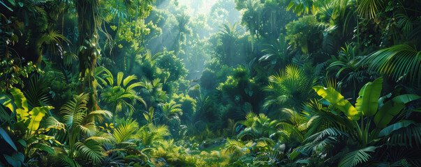 Fototapeta premium A dense rainforest teeming with life, its trees towering overhead and its undergrowth filled with exotic plants and animals.