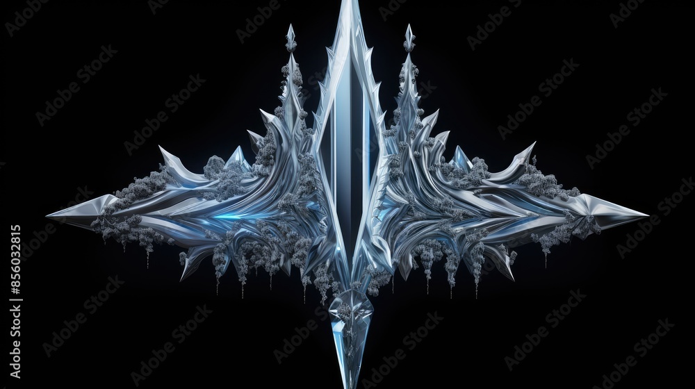 Poster this is a 3d rendering of an abstract crystal structure. the structure is made up of sharp, angular 