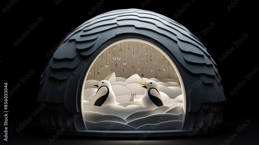 Poster a 3d rendering of a cozy igloo with two penguins inside. the igloo is made of ice and has a starry n