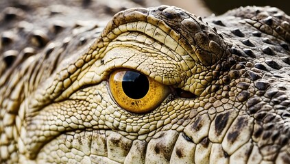 Naklejka premium Close-up macro photo of wild crocodile eyes, yellow eyes with green crocodile body. With a crocodile head in the background