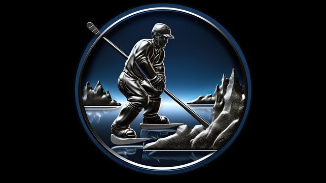 A hockey player in a retro uniform skates on a frozen lake surrounded by snow-covered mountains.