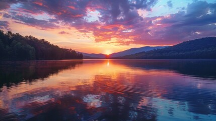 A serene sunset over a tranquil lake, with vibrant colors reflecting off the water. 
