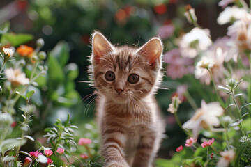 Adorable kitten exploring a garden, surrounded by colorful flowers and greenery, capturing the innocence and curiosity of a playful kitten in a vibrant, lively setting