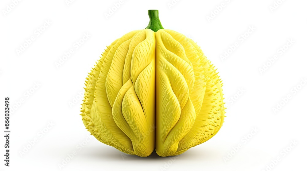 Poster 3d rendering of a yellow exotic fruit. the fruit has a bumpy texture and a green stem. it is isolate