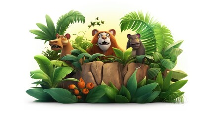 Naklejka premium A group of cute and friendly wild animals in the jungle. They are standing on a rock in front of a lush green background.