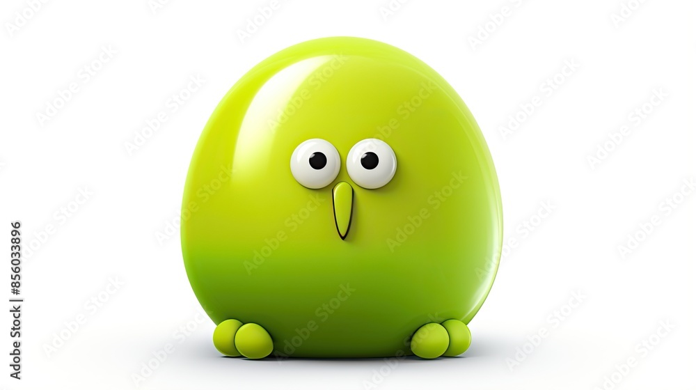 Poster a cute and friendly green blob character with big eyes and a small beak. it is sitting on a white ba