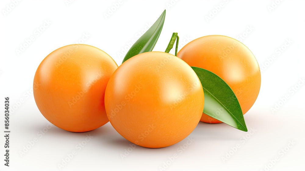 Poster three ripe and juicy oranges are sitting on a white surface. the oranges are all different sizes and