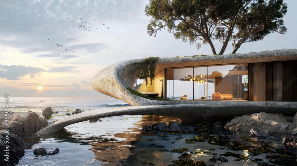 Poster ecofriendly coastal home futuristic minimalist design visualization ai generated architecture