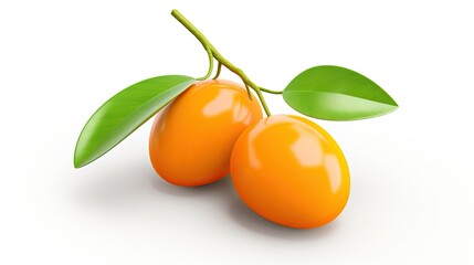 3D rendering of a pair of ripe and juicy kumquats with green leaves isolated on a white background.