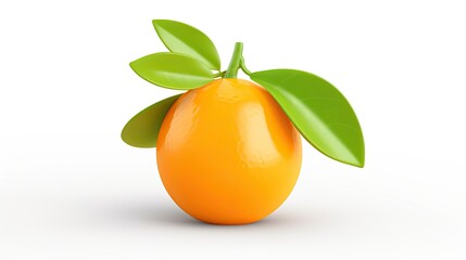 3D rendering of a juicy orange with green leaves isolated on white background. The orange has a smooth, glossy surface and is slightly round.