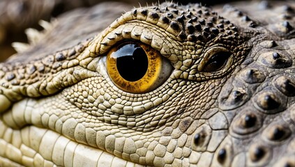 Close-up macro photo of wild crocodile eyes, yellow eyes with green crocodile body. With a crocodile head in the background