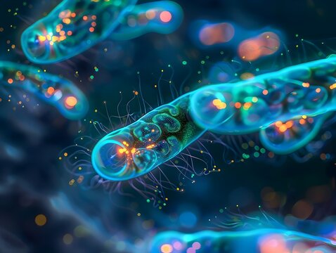 Captivating 3D render of diverse,vibrant bioluminescent protozoa and protists emitting soft glowing light,with delicate pseudopodia extending and retracting in a mesmerizing.