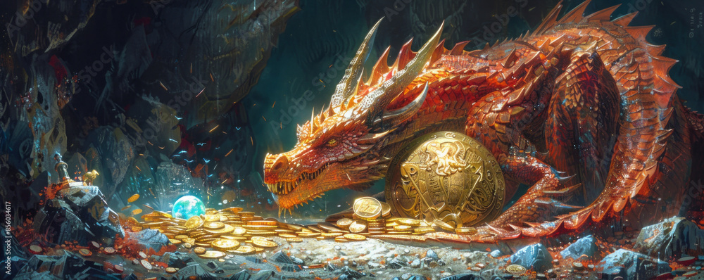 Wall mural a dragon's hoard filled with glittering gold coins, precious gems, and ancient artifacts. - Wall murals