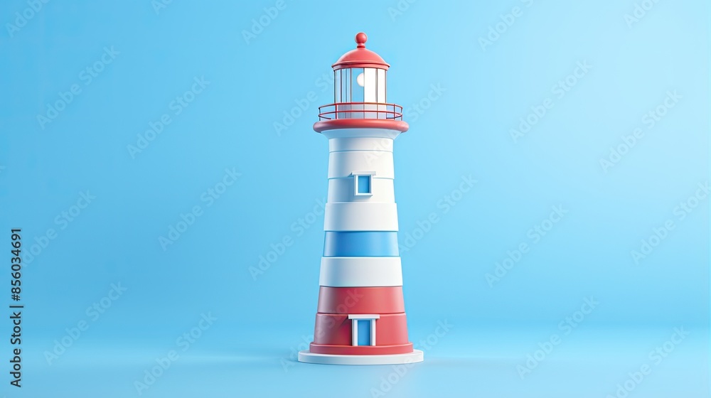 Poster 3d rendering of a red and white lighthouse against a blue background. the lighthouse has a light on 