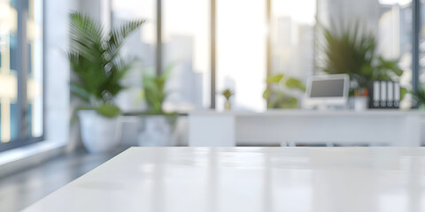 Sleek white surface with a blurred background of a modern office, ideal for tech gadgets or stylish office supplies