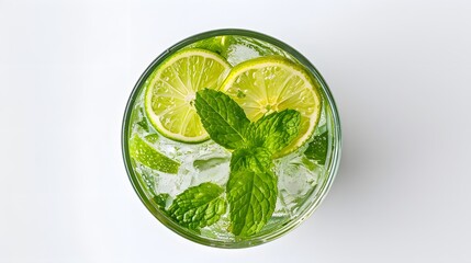 Obraz premium Glass of mojito cocktail with lime and mint leaves on white background, product photography, professional food photo.