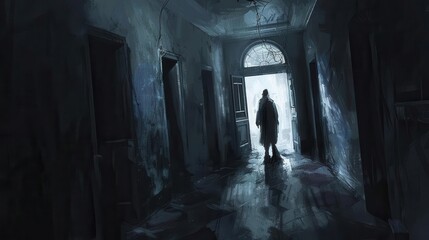 eerie silhouette in a dark hallway leading to an open door on halloween night digital painting