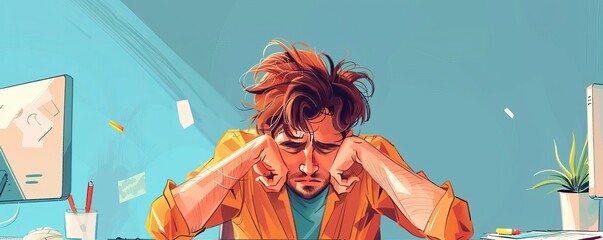 Illustration of a frustrated man at his desk, stressed out with work, depicting exhaustion and burnout in a modern office setting.