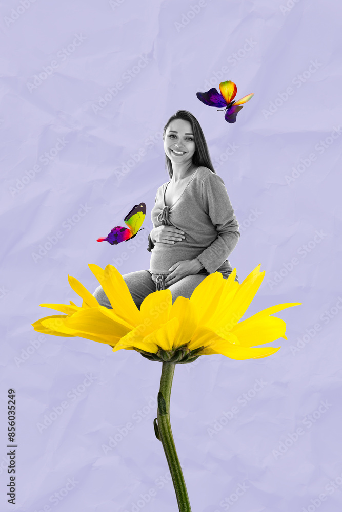 Sticker Trend artwork sketch image collage of young age lady hand hold pregnant stomach tummy smile love motherhood parent butterfly spring flower