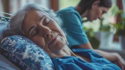 elderly woman sleeping in nursing home with nurse beside her compassionate healthcare photo