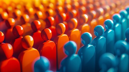 Fototapeta premium Vibrant 3D crowd of red and blue abstract human figures. Symbolizing diversity, unity, and community in social and teamwork concepts.