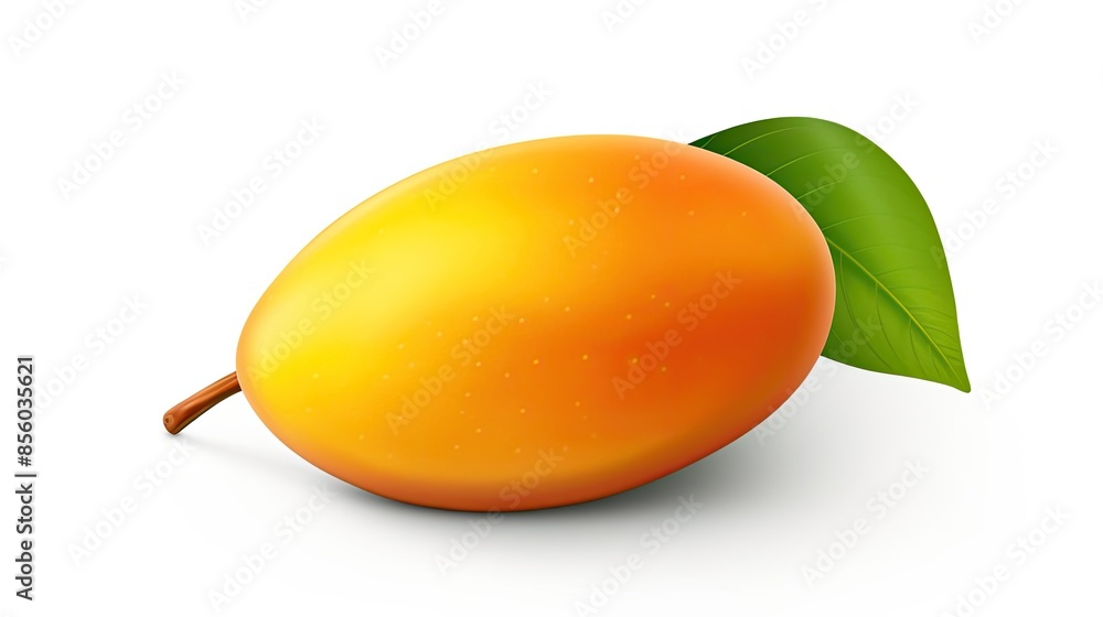 Poster a delicious-looking mango with a green leaf. it is isolated on a white background and has a realisti