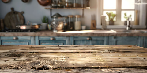 Weathered wood surface with a soft-focus background of a rustic kitchen, suitable for artisanal baking products or kitchenware