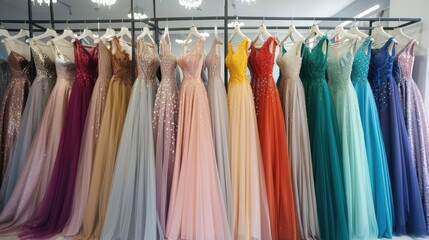 elegant formal dresses in various colors prom and wedding gowns in boutique fashion photography