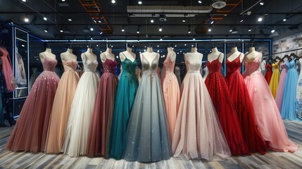 elegant formal dresses in various colors prom and wedding gowns in boutique fashion photography
