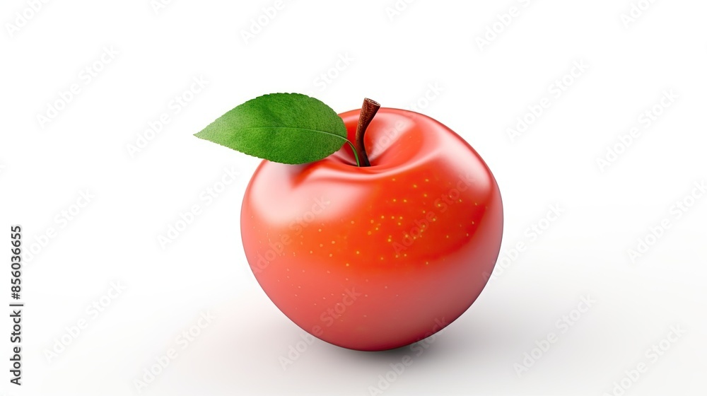 Poster 3d rendering of a red apple with a green leaf on a white background.