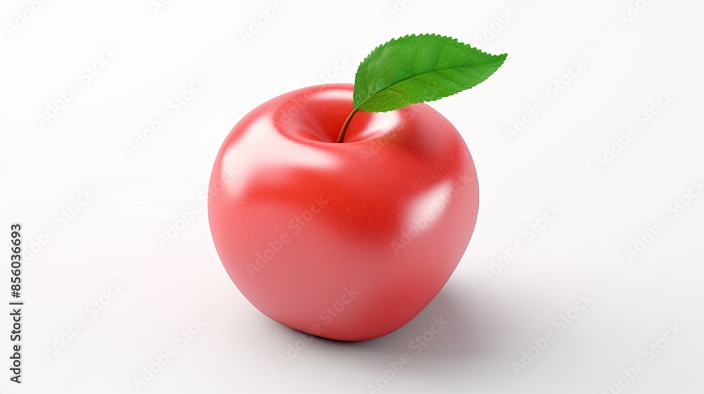 Poster 3d rendering of a red apple with a green leaf on a white background. the apple is smooth and shiny, 