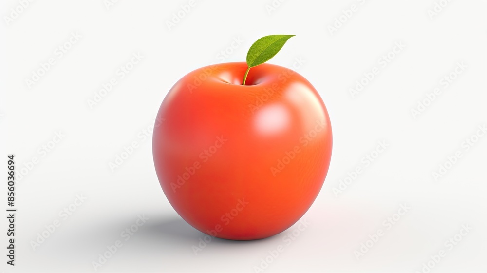 Poster a red apple with a green leaf on a white background. the apple is smooth and shiny. the leaf is deta