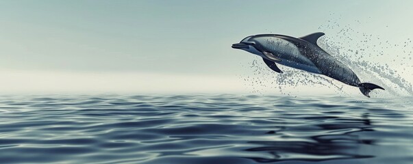 Fototapeta premium A dolphin jumping out of the ocean, displaying a stunning water splash, marine wildlife concept